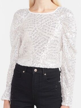 EXPRESS IVORY SEQUIN PUFF RUCHED LONG SLEEVE BLOUSE